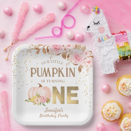 ピンク金ゴールドグリッターカボチャフローラガール1st誕生日 ペーパープレート (パーティー)