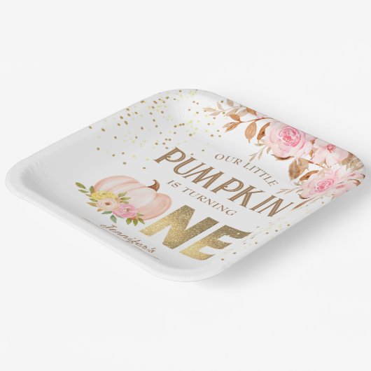 ピンク金ゴールドグリッターカボチャフローラガール1st誕生日 ペーパープレート (傾斜あり)