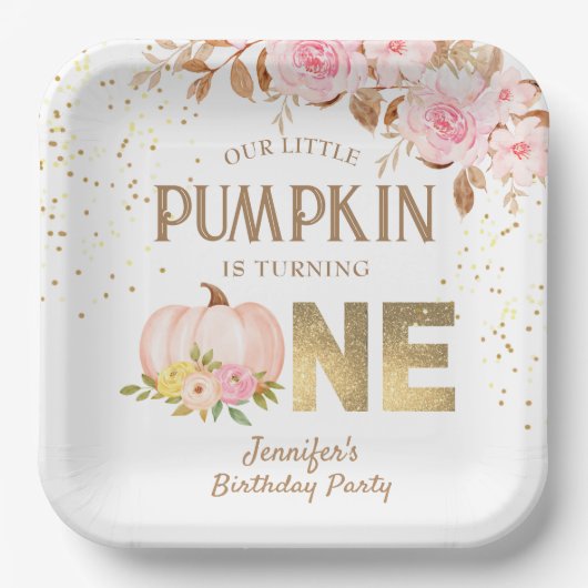 ピンク金ゴールドグリッターカボチャフローラガール1st誕生日 ペーパープレート (正面)