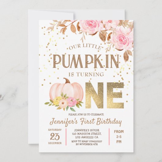ピンク金ゴールドグリッターカボチャフローラガール1st誕生日 招待状 (正面)
