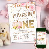 ピンク金ゴールドグリッターカボチャフローラガール1st誕生日 招待状