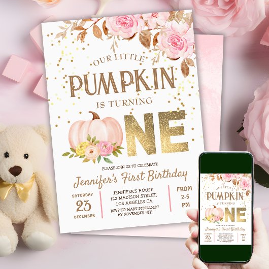 ピンク金ゴールドグリッターカボチャフローラガール1st誕生日 招待状