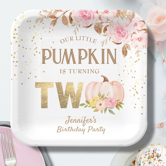 ピンク金ゴールドグリッターカボチャフローラガール2nd誕生日 ペーパープレート