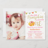 ピンク金ゴールドグリッターカボチャベビー1stバースデーフォト 招待状 (正面)