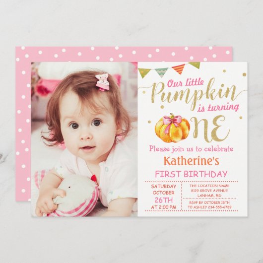 ピンク金ゴールドグリッターカボチャベビー1stバースデーフォト 招待状 (正面/裏面)