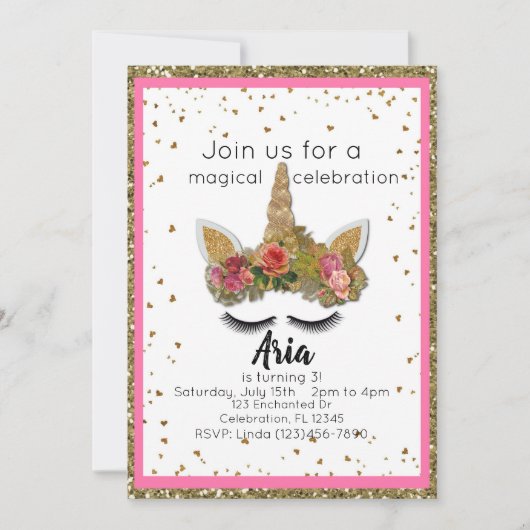 ピンク金ゴールドグリッターガールズエンチャントユニコーン誕生日 招待状 (正面)