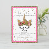 ピンク金ゴールドグリッターガールズエンチャントユニコーン誕生日 招待状 (スタンド正面)
