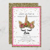 ピンク金ゴールドグリッターガールズエンチャントユニコーン誕生日 招待状 (正面/裏面)