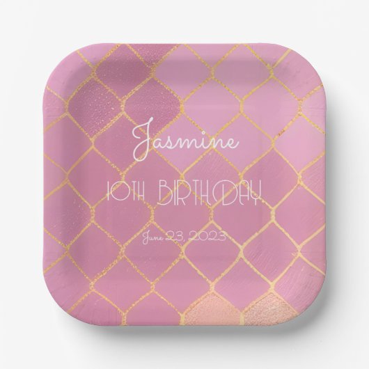 ピンク金ゴールドグリッターガールズ誕生日 ペーパープレート (正面)