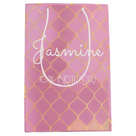 ピンク金ゴールドグリッターガールズ誕生日 ミディアムペーパーバッグ