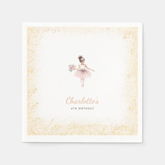 ピンク金ゴールドグリッターガールバレエテーマ誕生日 スタンダードカクテルナプキン (正面)