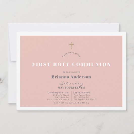 ピンク金ゴールドグリッターガールファースト聖餐式 招待状 (正面)