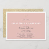 ピンク金ゴールドグリッターガールファースト聖餐式 招待状 (正面/裏面)
