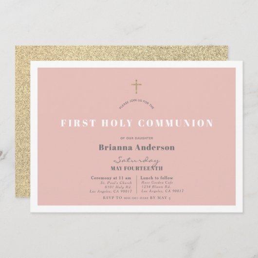 ピンク金ゴールドグリッターガールファースト聖餐式 招待状 (正面/裏面)
