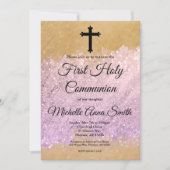 ピンク金ゴールドグリッターガール第一聖餐式 招待状 (正面)