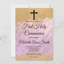 ピンク金ゴールドグリッターガール第一聖餐式 招待状