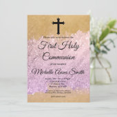 ピンク金ゴールドグリッターガール第一聖餐式 招待状 (スタンド正面)