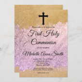 ピンク金ゴールドグリッターガール第一聖餐式 招待状 (正面/裏面)