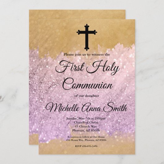 ピンク金ゴールドグリッターガール第一聖餐式 招待状 (正面/裏面)