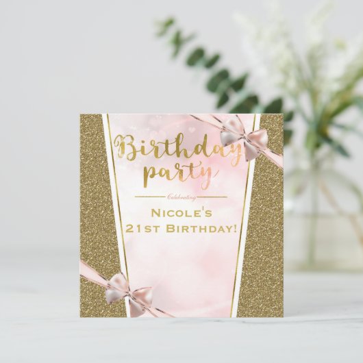 ピンク金ゴールドグリッターグラムスパークルボーバースデーパーティー 招待状 (スタンド正面)