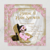 ピンク金ゴールドグリッターシューズパールブライダルベビーシャワー 招待状 (正面/裏面)