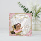 ピンク金ゴールドグリッターシューツインガールベビーシャワー 招待状 (スタンド正面)