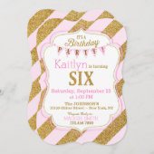 ピンク金ゴールドグリッタースパークルシックス誕生日招待状 招待状 (正面/裏面)