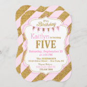 ピンク金ゴールドグリッタースパークルフィフス誕生日招待状 招待状 (正面/裏面)