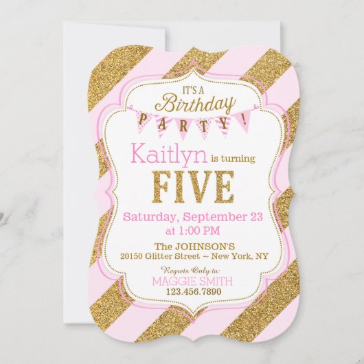 ピンク金ゴールドグリッタースパークルフィフス誕生日招待状 招待状 (正面)