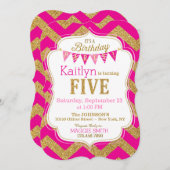 ピンク金ゴールドグリッタースパークルフィフス誕生日招待状 招待状 (正面/裏面)