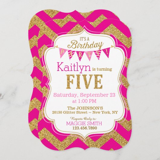 ピンク金ゴールドグリッタースパークルフィフス誕生日招待状 招待状 (正面/裏面)