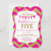 ピンク金ゴールドグリッタースパークルフィフス誕生日招待状 招待状 (正面)
