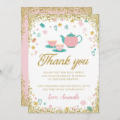 ピンク金ゴールドグリッターティーパーティーサンキューカード 招待状 (正面/裏面)