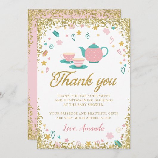 ピンク金ゴールドグリッターティーパーティーサンキューカード 招待状 (正面/裏面)