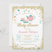 ピンク金ゴールドグリッターティーパーティーベビーシャワー 招待状 (正面)