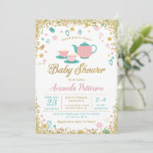 ピンク金ゴールドグリッターティーパーティーベビーシャワー 招待状 (スタンド正面)