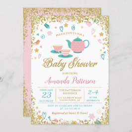 ピンク金ゴールドグリッターティーパーティーベビーシャワー 招待状