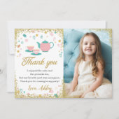 ピンク金ゴールドグリッターティーパーティー女子誕生日写真 サンキューカード (正面)