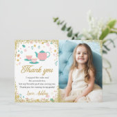 ピンク金ゴールドグリッターティーパーティー女子誕生日写真 サンキューカード (スタンド正面)