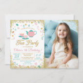 ピンク金ゴールドグリッターティーパーティー女子誕生日写真 招待状 (正面)