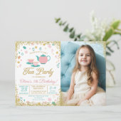 ピンク金ゴールドグリッターティーパーティー女子誕生日写真 招待状 (スタンド正面)