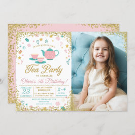 ピンク金ゴールドグリッターティーパーティー女子誕生日写真 招待状