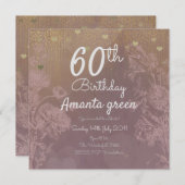 ピンク金ゴールドグリッターハート60誕生日 招待状 (正面/裏面)