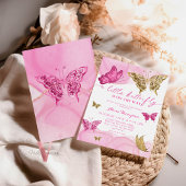 ピンク金ゴールドグリッターバタフライベビーシャワー招待状 招待状