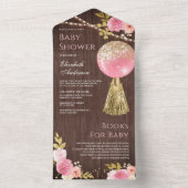 ピンク金ゴールドグリッターバルーンフローラウッドベビーシャワー オールインワン招待状 (内側)