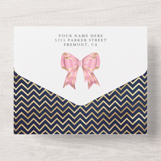 ピンク金ゴールドグリッターバルーンフローラネイビーシャワー オールインワン招待状 (裏面)