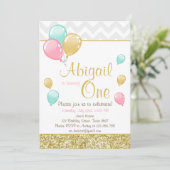 ピンク金ゴールドグリッターバルーン誕生日招待状 招待状 (スタンド正面)