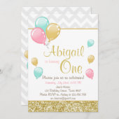 ピンク金ゴールドグリッターバルーン誕生日招待状 招待状 (正面/裏面)