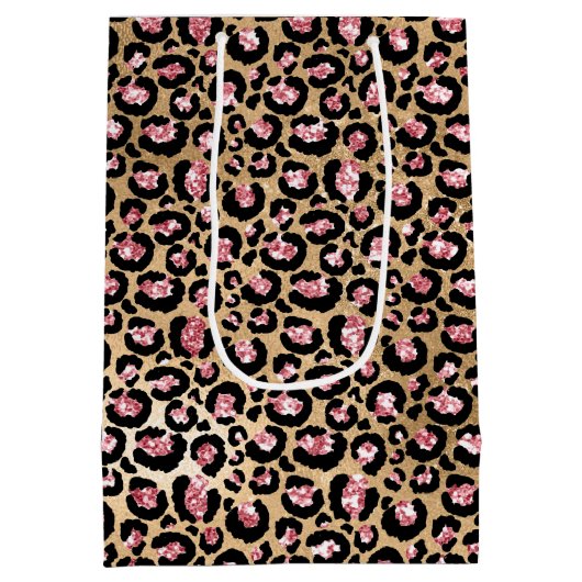 ピンク金ゴールドグリッターヒョウアニマルプリント ミディアムペーパーバッグ (裏面)