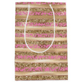 ピンク金ゴールドグリッターヒョウ印刷ストライプ ミディアムペーパーバッグ (正面)